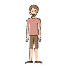 man full body with t-shirt and short pants and shoes with short hair and beard in watercolor silhouette vector illustration
