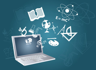 Open laptop computer with symbols of fields of study flying out, EPS 8 vector illustration, no transparencies