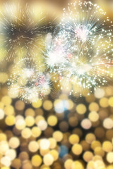Fototapeta premium Abstract holiday background with New Year's fireworks and copy space