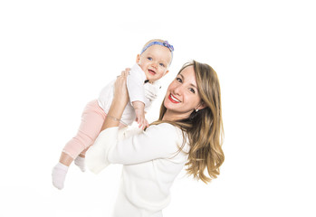 Picture of happy mother with adorable baby isolated on white
