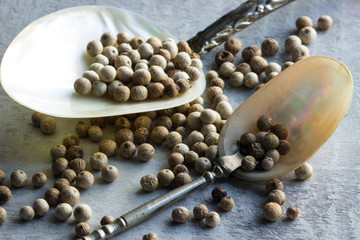 Weiße Kampot-Pfefferkörner auf Löffeln
