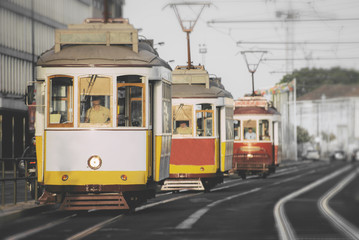 Famous Lisbon trams on the street.