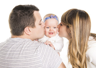 Young father, mother holding cute baby girl over white background