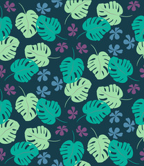 Tropical seamless pattern with exotic palm leaves and tropical flower. Hawaiian style.  Vector illustration.
