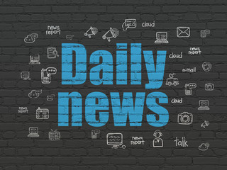 News concept: Painted blue text Daily News on Black Brick wall background with  Hand Drawn News Icons