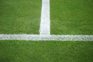 Fototapeta premium Seitenlinie Fußballfeld / Die grüne Rasenfläche eines Fußballfeldes mit der Seitenlinie und der Mittellinie.