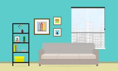 Living room interior with sofa, window, bookcase and picture frame on the wall. Vector illustration in flat style.