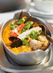 Rice paella with seafood. Arroz con mariscos.
