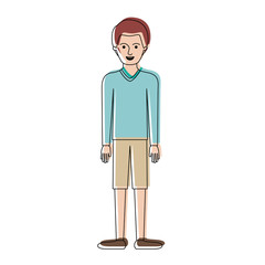 man full body with sweater and short pants and shoes with short hair in watercolor silhouette vector illustration