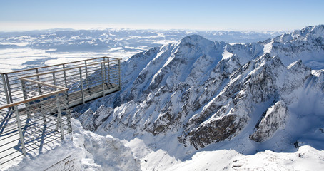 Beautiful snowy hills in High Tatras mountains, Slovakia. Empty lookout