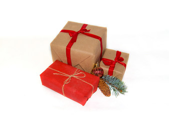 Christmas gift box and ornaments on white background