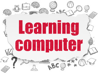 Learning concept: Painted red text Learning Computer on Torn Paper background with  Hand Drawn Education Icons