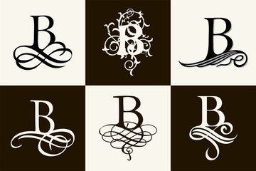 Vintage Set . Capital Letter B for Monograms and Logos. Beautiful Filigree Font. Victorian Style.
