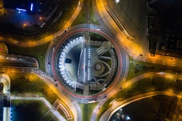 Aerial drone view of roundabout in Katowice at night.