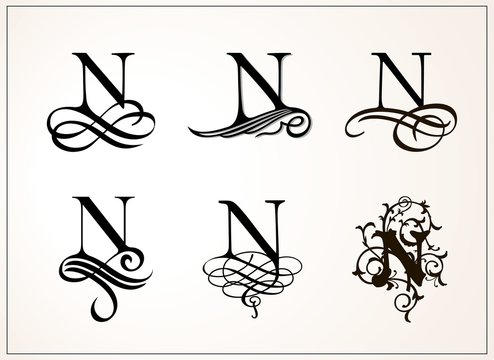 Vintage Set . Capital Letter N for Monograms and Logos. Beautiful Filigree Font. Victorian Style.