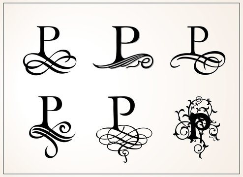 Vintage Set . Capital Letter P for Monograms and Logos. Beautiful Filigree Font. Victorian Style.