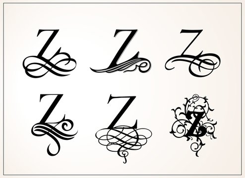 Vintage Set . Capital Letter Z for Monograms and Logos. Beautiful Filigree Font. Victorian Style.