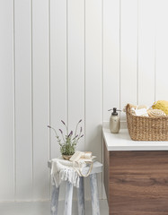 bathroom interior concept chair and wooden cabinet