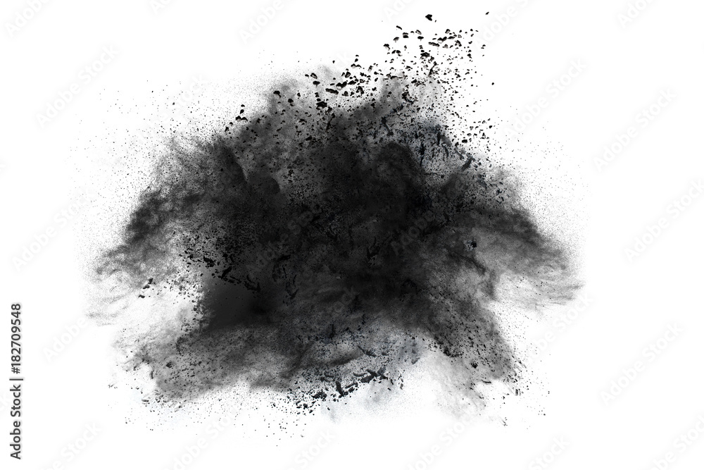 Wall mural black powder explosion against white background.the particles of charcoal splatted on white backgrou