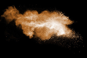 abstract brown color powder explosion on black background.abstract  Freeze motion of color powder...