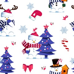 Winter seamless pattern with  cute snowmen and christmas tree.  Merry Christmas and Happy New Year background. Vector illustration