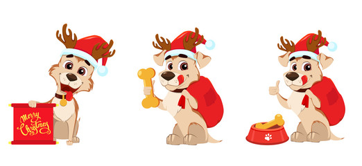 Cute dog wearing Santa Claus hat and deer antlers. Set