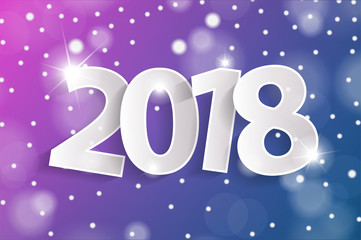 Blue and pink Happy New Year 2018 greeting card concept with paper cuted white numbers. Vector illustration