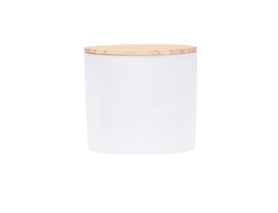 white ceramic storage jar with wooden cap in scandinavian style isolated on white background