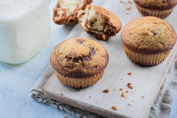 Homemade sweet chocolate vanilla muffins from two types of dough with mason jar of milk on on wooden board on blue stone table background