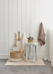 Obraz na płótnie Canvas white walls and modern style outdoor bathroom cabinet
