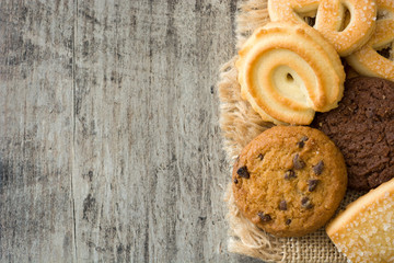 Butter cookies top view copy space on wooden table