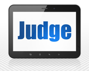 Law concept: Tablet Pc Computer with blue text Judge on display, 3D rendering