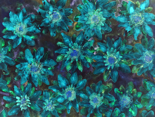 Field of turquoise daisies. The dabbing technique near the edges gives a soft focus effect due to the altered surface roughness of the paper.