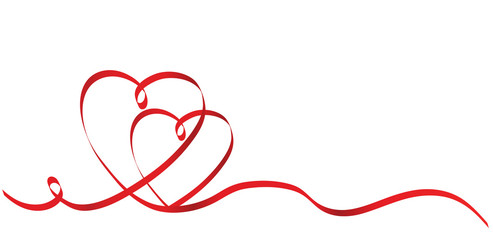 Calligraphy Two Red Heart Ribbon on White, Vector Stock Illustration