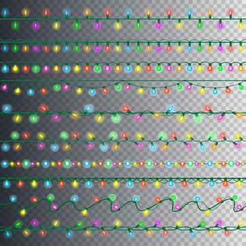 Set of color garland lights. Glowing christmas lights on transparent background. Vector seamless horizontal objects. Includes 10 vector brushes festive strands of Christmas lights