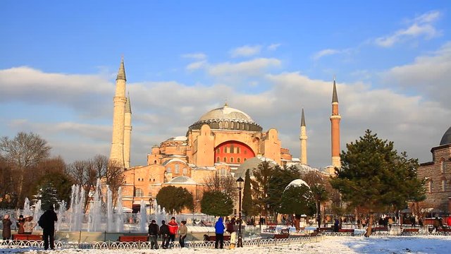 Hagia Sophia in Winter in Istanbul, Turkey. It was the largest cathedral of the world for 1000 years as of its construction.