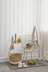 Spacious bathroom in gray tones with heated floors, freestanding tub, walk-in shower interior