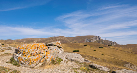 Fototapeta na wymiar Hiking trail The Burned Rock (Piatra Arsa), Caraiman Cross, The Old Women (Babele), Sphinx the Anthropomorphic megalith, Juniper Valley Bucegi National Park, Carpathians Mountains, Romania