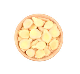 Fresh ginger with slices in the bowl wooden isolated on white background for herb and medical product concept, selective focus