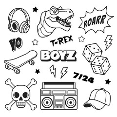 Boys patches collection. Vector illustration of outline boys icons, such as T Rex, headphones, dice, skateboard, cap and boom box. Isolated on white.