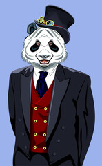 Portrait of panda in the men's business suit and hat