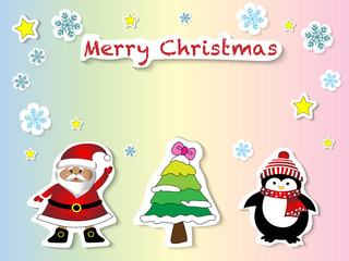 Vector and illustration of cute hand drawing sticker style Santa claus, Christmas tree, Penguin with Merry Christmas word on pastel background