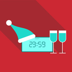 Clock With New Year 2018 with Santa`s hat and twoglasses of wine