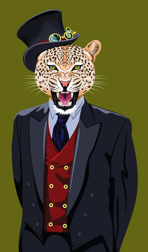 Portrait of jaguar in the men's business suit and hat