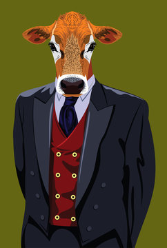 Portrait of cow in the men's business suit and hat