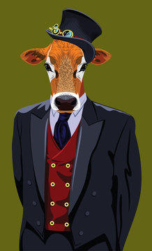 Portrait of cow in the men's business suit and hat
