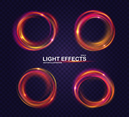Set of colorful rings with luminous swirling spirals. Glowing multicolored circles. Collection of brilliant round frames, sparkles waves and swirl. Sparkling neon light effect, shiny banners