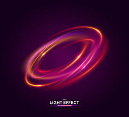 Colorful ring with luminous swirling spirals. Glowing red-pink abstraction on dark background. Brilliant vortex, sparkles waves and swirl. Sparkling neon light effect, shiny magic effects