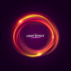 Colorful ring with luminous swirling spirals. Glowing yellow - red circle with particles. Energy brilliant round frame, sparkles waves and swirl. Sparkling neon light effect, shiny magic banner