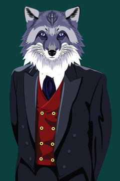 Portrait of  fox in the men's business suit and hat